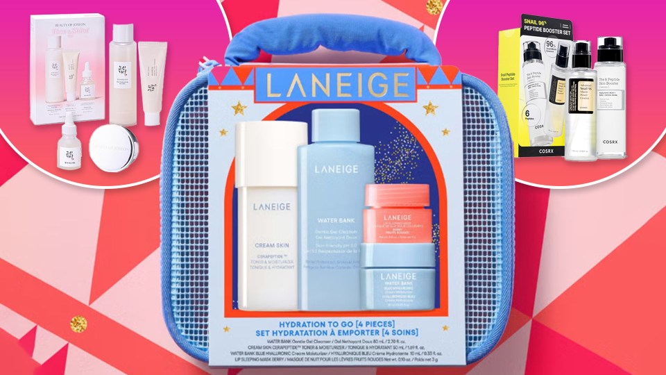 Collage of a Laneige "Hydration To Go" set, a Beauty of Joseon "Rice & Shine" set, and a COSRX "Snail 96 Peptide Booster Set."