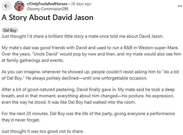 They posted on discussion site Reddit: 'My mate's dad was good friends with David and used to run a B&B in Weston-super-Mare'