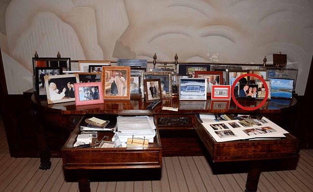 One image shows a table of Epstein's framed pictures, including a decades-old one of himself with Donald and Melania Trump