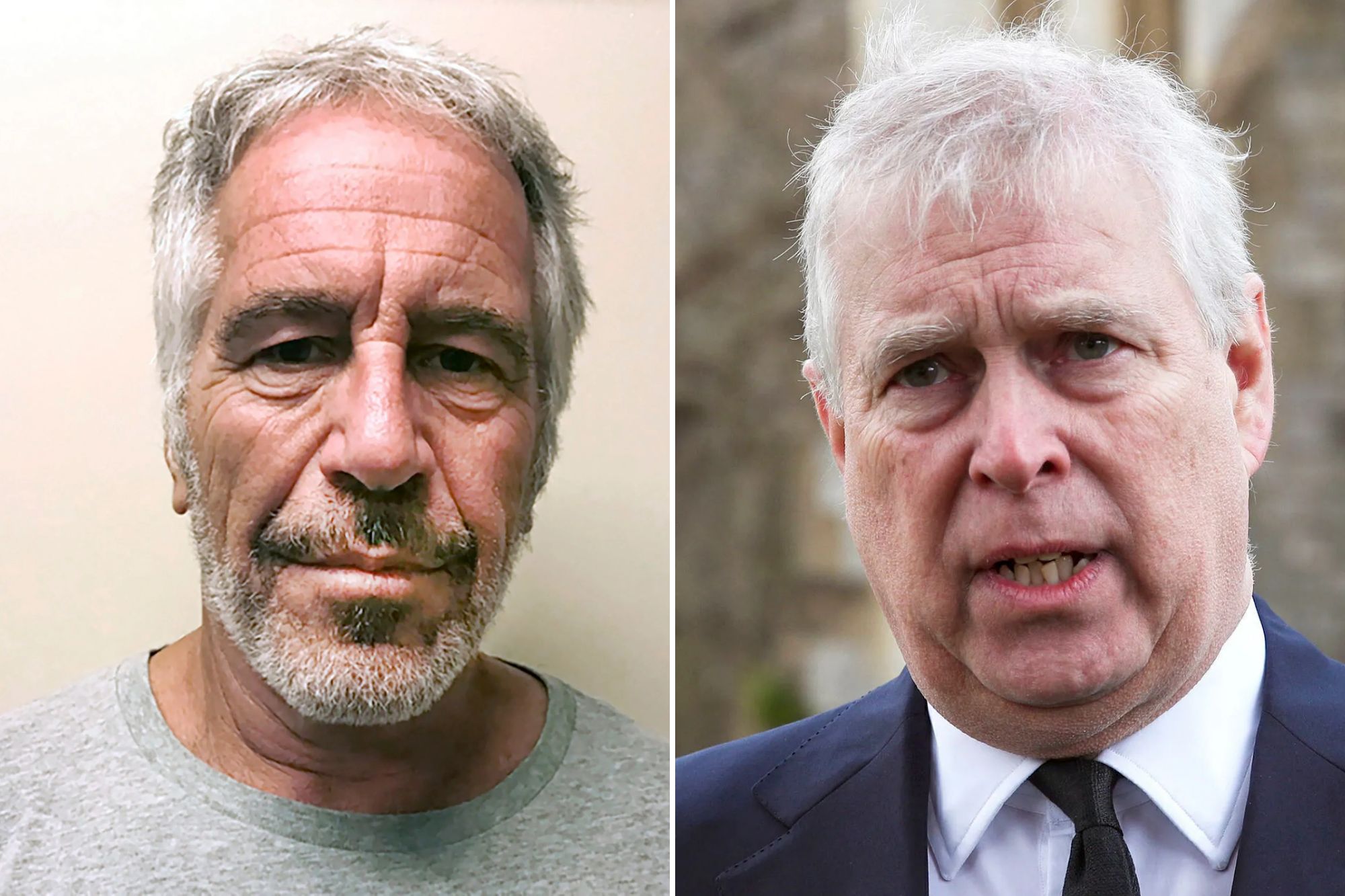 An image collage containing 2 images, Image 1 shows Mugshot of Jeffrey Epstein with short gray hair and a beard, wearing a gray t-shirt, Image 2 shows Andrew Mountbatten-Windsor speaking during a television interview