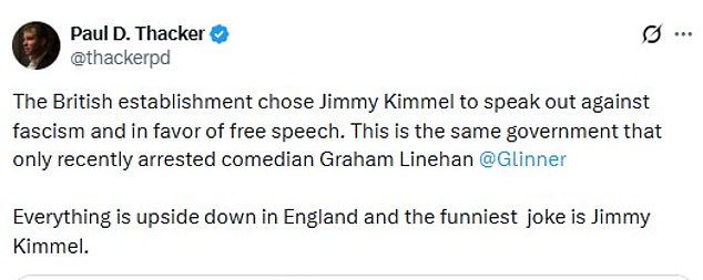 Commentator Paul Thacker also pointed to the recent arrest of comedian Graham Linehan for making anti-trans jokes as evidence of the 'double standard' in choosing Kimmel for the alternative message