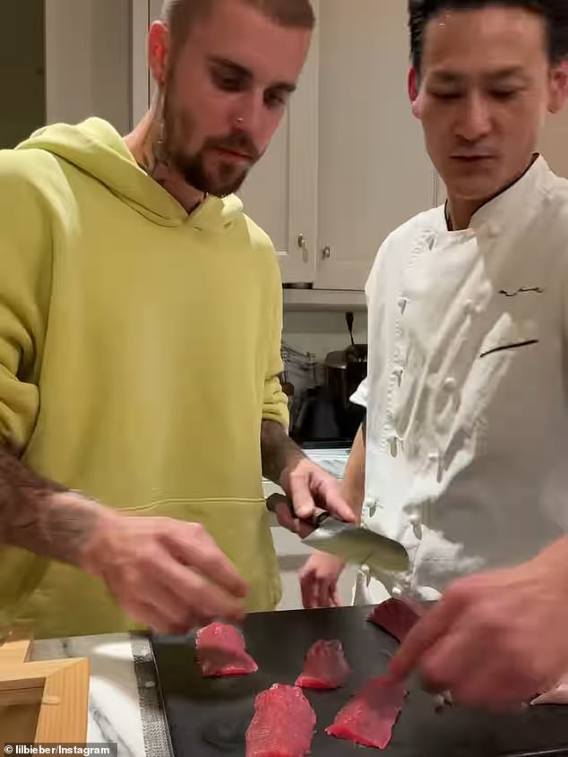 The videos began with Bieber clad in a yellow hoodie as he sliced raw fish with the chef