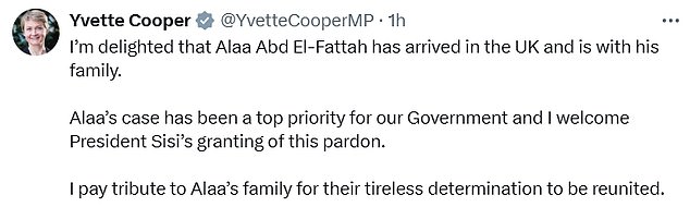 Home Secretary Yvette Cooper was another of the senior politicians to celebrate El-Fattah's release and return to the UK