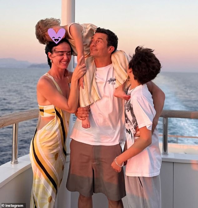 The former couple joined their daughter Daisy, five, as well as the actor's teenage son Flynn, 14, whom he shares with ex-wife Miranda Kerr; Bloom and Perry seen above with Daisy and Flynn