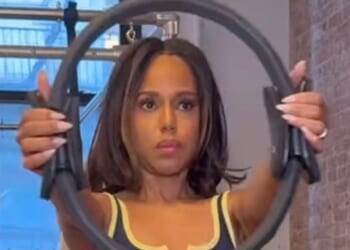 Kerry Washington, 48, shows off perky bum and toned abs in spandex shorts and sports bra for grueling Pilates workout