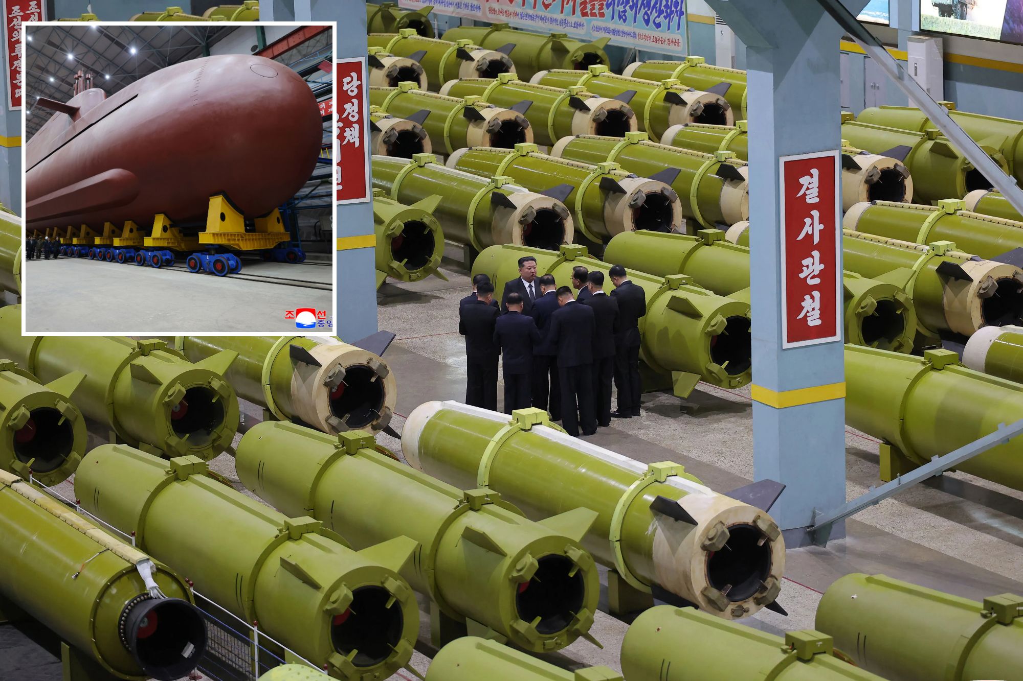 An image collage containing 2 images, Image 1 shows North Korea Kim, Image 2 shows North Korean leader inspects nuclear-powered submarine construction