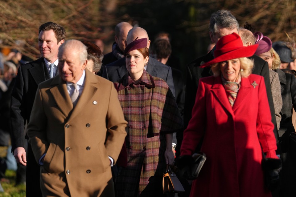 Princess Eugenie, King Charles III, and Queen Camilla attending Christmas Day service.