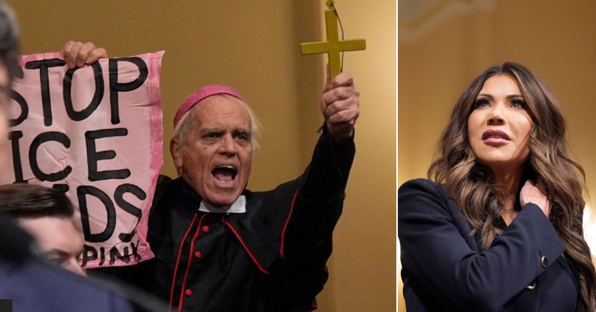 A protester dressed as a Catholic cardinal, left, interrupted Homeland Security Secretary Kristi Noem Thursday during a hearing the House Committee on Homeland Security on Capitol Hill in Washington, D.C.