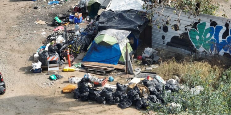 A view of trash, RVs, and homeless encampment in downtown Los Angeles on Oct. 25, 2025.