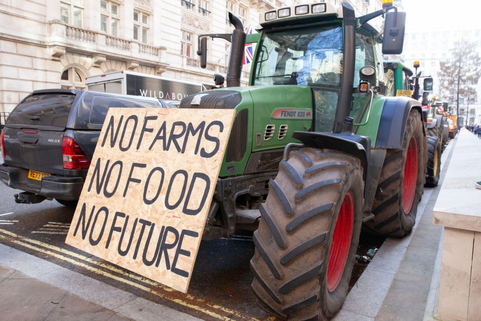London, UK. 26th Nov, 2025. On Budget Day in Westminster a protest by farmers against inheritance tax policies was limited by the police, who banned tractors from driving down Whitehall. Protestors parked their tractors around Trafalgar Square and ne