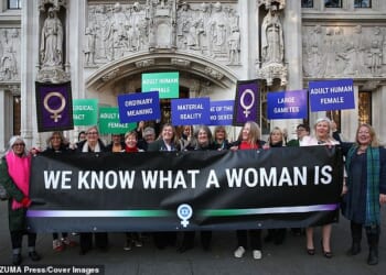 Labour minister Bridget Phillipson is blocking the publication of new Equality and Human Rights Commission (EHRC) guidance on women-only spaces after branding the proposals 'trans-exclusive'. Pictured: Womens Rights supporters protest outside the What Is A Woman trial at the Supreme Court in London