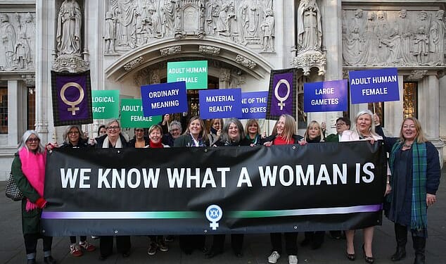 Labour minister Bridget Phillipson is blocking the publication of new Equality and Human Rights Commission (EHRC) guidance on women-only spaces after branding the proposals 'trans-exclusive'. Pictured: Womens Rights supporters protest outside the What Is A Woman trial at the Supreme Court in London