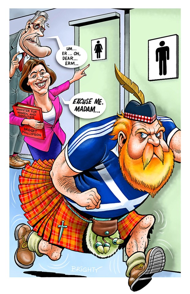 Illustration of a caricature of Bridget Phillipson, Minister for Women and Equalities, with a man looking shocked, pointing at a women's restroom, as a large Scottish man in a kilt and Scottish flag shirt rushes out of the men's restroom.