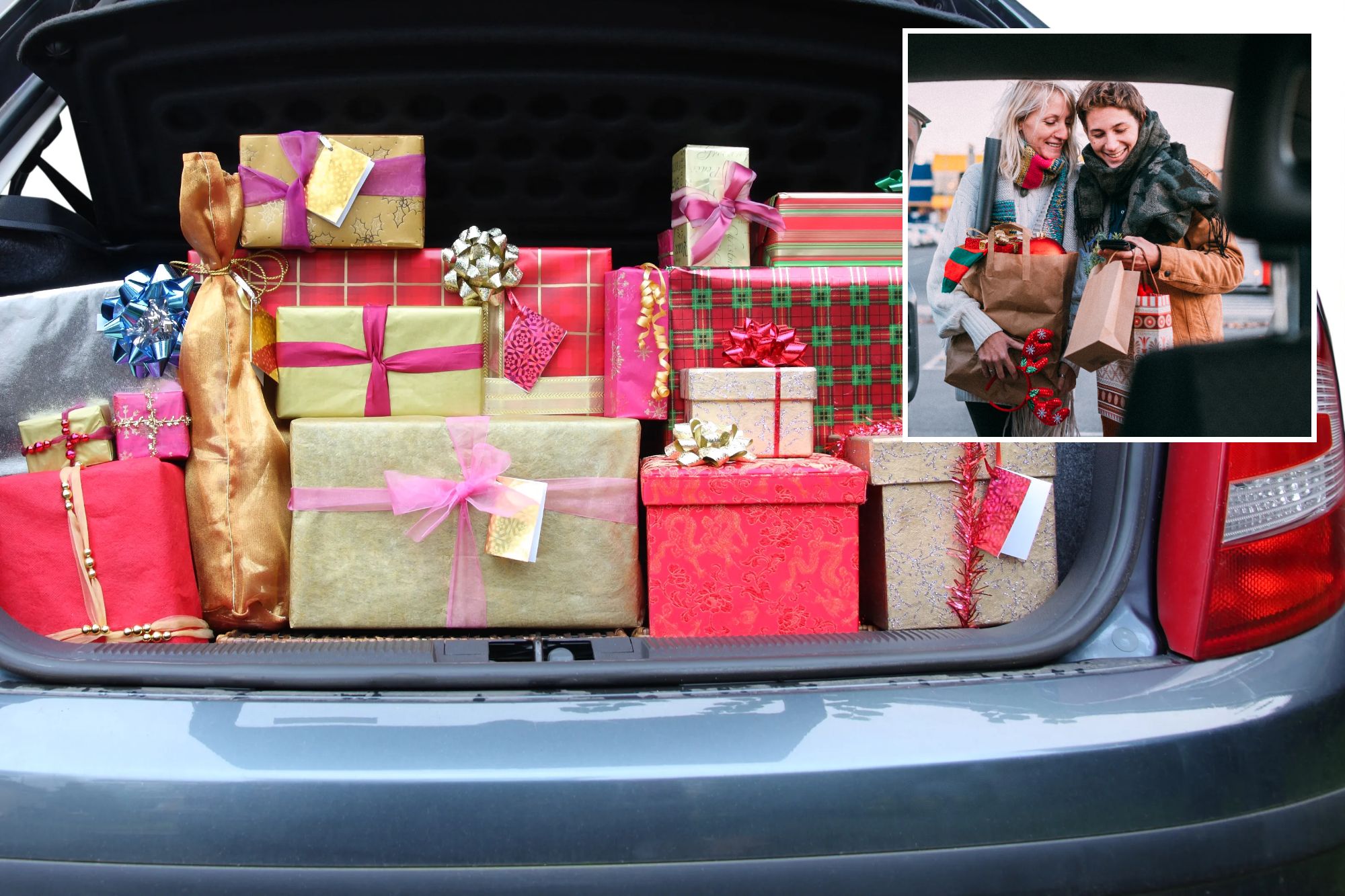 An image collage containing 2 images, Image 1 shows Car trunk filled with Christmas presents, Image 2 shows Couple packing Christmas gifts into a car trunk, one looking at a phone