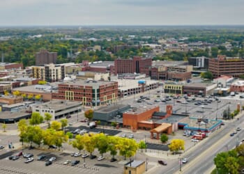 An aerial view of Saint Cloud, Minnesota, on an overcast day.