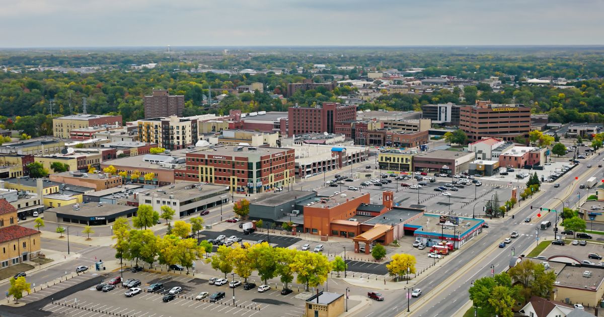 An aerial view of Saint Cloud, Minnesota, on an overcast day.