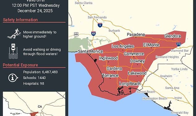 Los Angeles is expected to be especially hard hit by the incoming winter storms, with a severe flood warning in place for the area until 12pm on Wednesday. Hundreds of residents in at-risk neighborhoods have been warned to 'immediately move to higher ground'