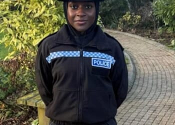 Magnetic hijabs could be rolled out across police forces in an effort to attract more female Muslim recruits. Pictured: PC Hafsah Abba-Gana models the new design