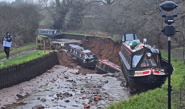 A sinkhole, 50 metres by 50 metres in size opened up in a canal in Shropshire