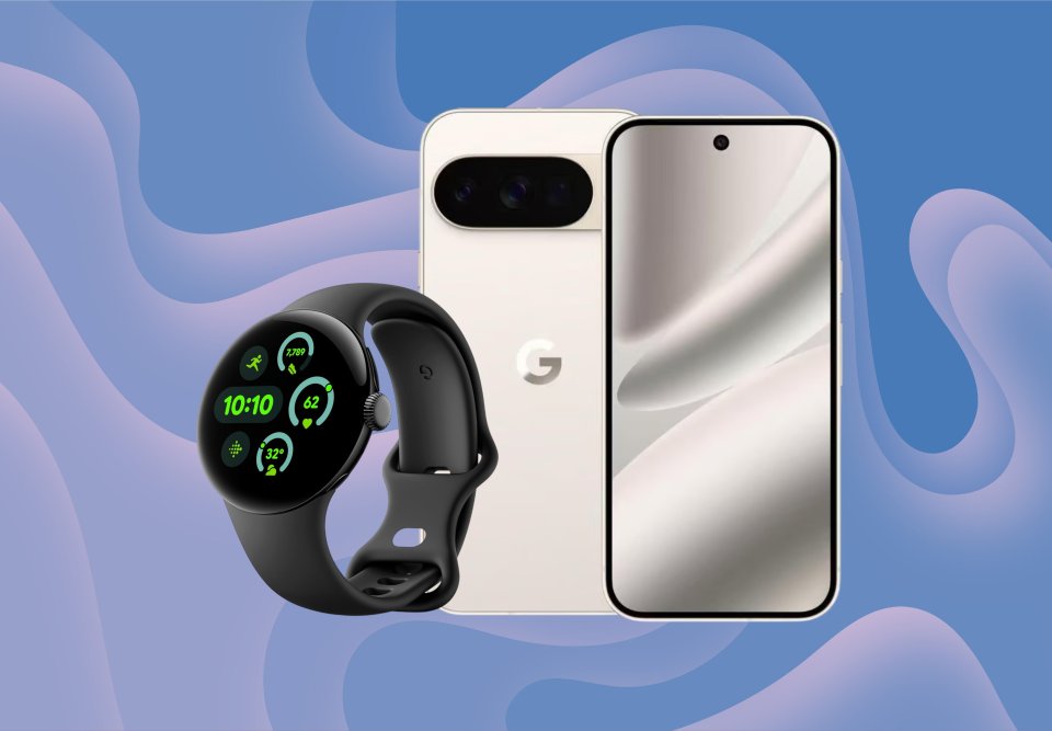 Illustration of a Google Pixel phone and Pixel Watch on a blue and purple abstract background.