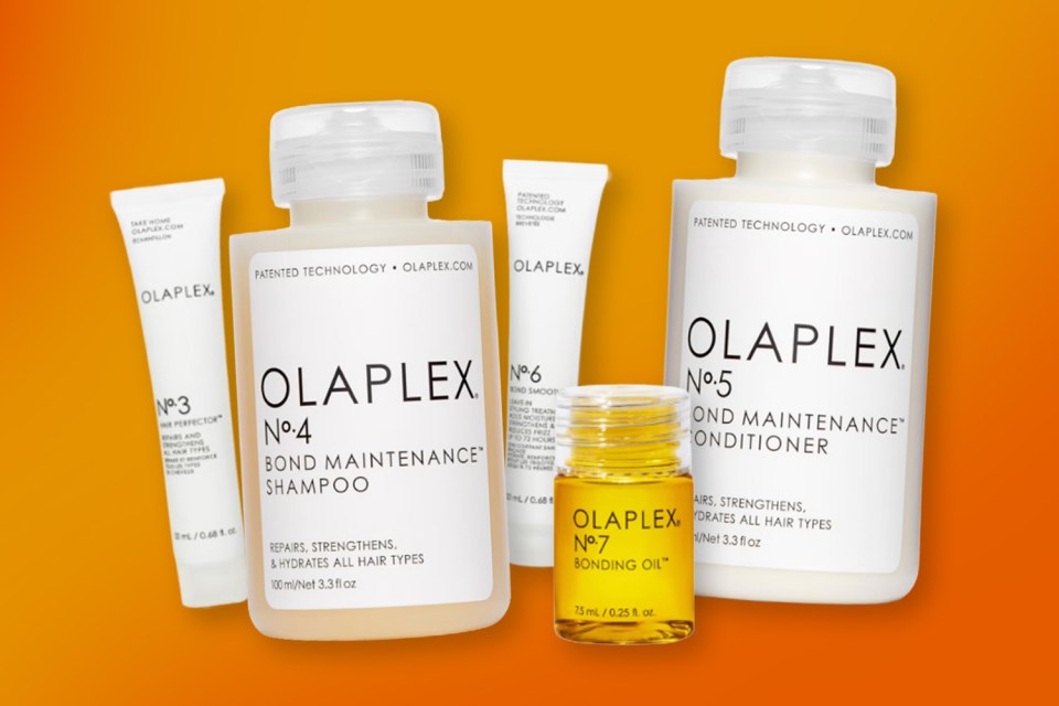 Various Olaplex haircare products, including shampoo, conditioner, perfector, bond smooth, and bonding oil.