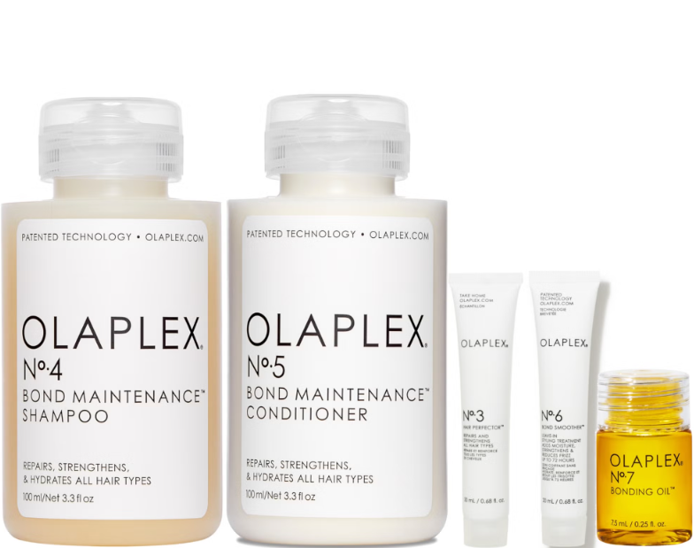 Olaplex set including N°4 Bond Maintenance Shampoo, N°5 Bond Maintenance Conditioner, N°3 Hair Perfector, N°6 Bond Smoother, and N°7 Bonding Oil.