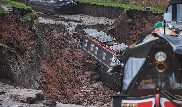 Ben Wood, 75, had to jump off his sinking narrowboat as it descended into the massive hole left by the canal breach