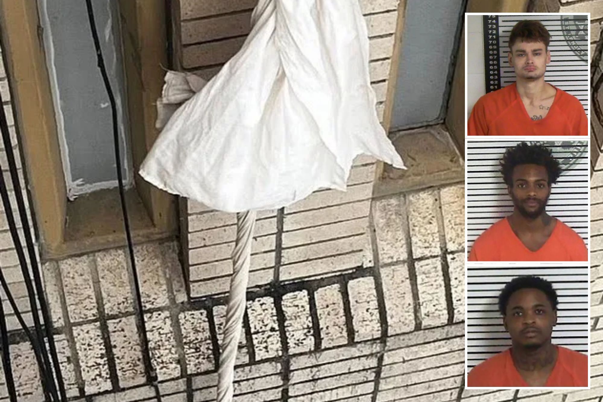 An image collage containing 4 images, Image 1 shows A makeshift rope made of white sheets hanging from a building window, Image 2 shows Mugshot of Johnathan Jevon Joseph, Image 3 shows Mugshot of Joseph Allen Harrington, Image 4 shows Mugshot of Keith Eli