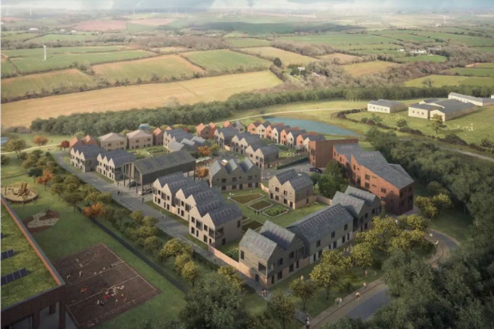 An image collage containing 1 images, Image 1 shows Illustration of a proposed new town with houses, shops, and hotels in a rural setting