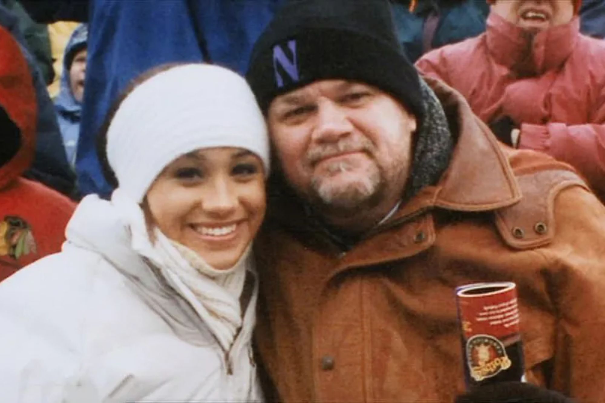 An image collage containing 1 images, Image 1 shows Thomas Markle and Meghan Markle bundled up in winter clothing