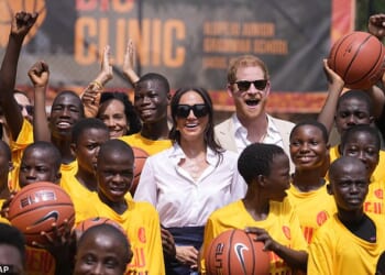 Prince Harry and Meghan's Archewell charity incurred unprecedented expenses in 2024. Some of that amount could be attributed to the couple's quasi-royal tours of Nigeria and Colombia. Pictured: The couple at the Dream Big Basketball Clinic in Lagos, Nigeria in May 2024