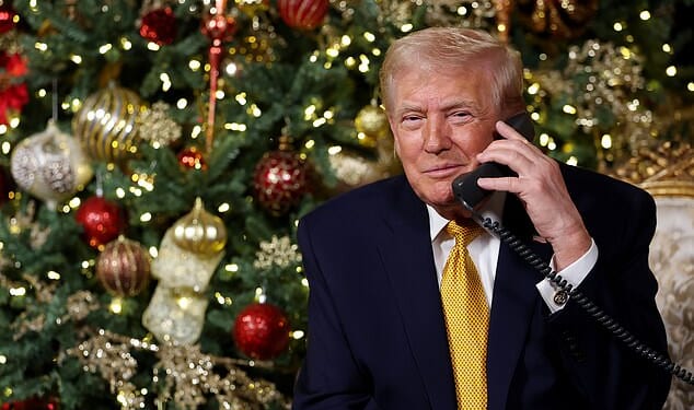 U.S. President Donald Trump calls children as he participates in tracking Santa Claus' movements with the North American Aerospace Defense Command (NORAD) Santa Tracker on Christmas Eve on December 24, 2025 in Palm Beach, Florida.