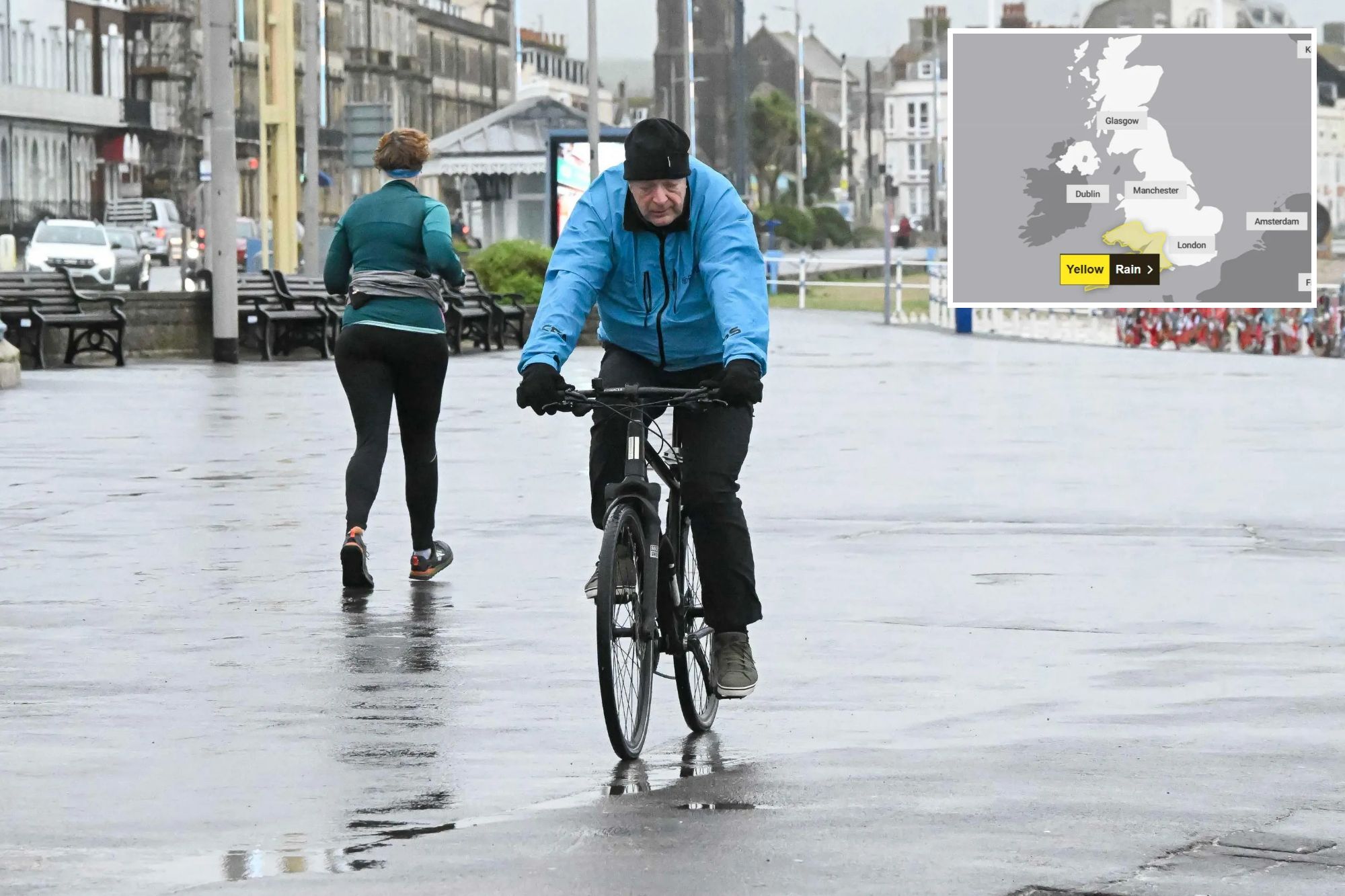 An image collage containing 2 images, Image 1 shows A cyclist in a blue jacket riding a bike on a wet road, with a jogger in the background and buildings lining the street, Image 2 shows Map of the UK and surrounding European countries with a yellow warning for rain in parts of Wales and the Southwest of England from the Met Office