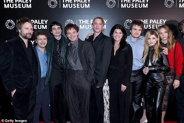 (L-R) Ross Duffer, Gaten Matarazzo, Finn Wolfhard, Charlie Heaton, Jamie Campbell Bower, Maureen J. Reidy, Joe Keery, Natalia Dyer, and Maya Hawke were all in attendance