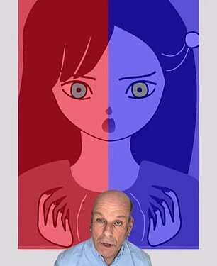 In the video, a cartoon face is split down the middle, with the left half coloured red, and the right half coloured blue