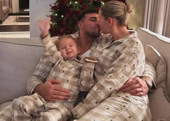 Molly-Mae Hague and Vogue Williams get passionate with their partners as they lead the celeb families enjoying Christmas in coordinating pyjamas