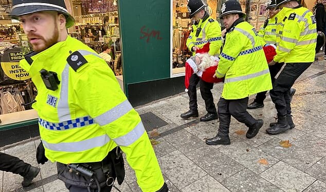 This is the moment a man dressed as Father Christmas was dragged away by police after he was arrested at a Palestine Action protest