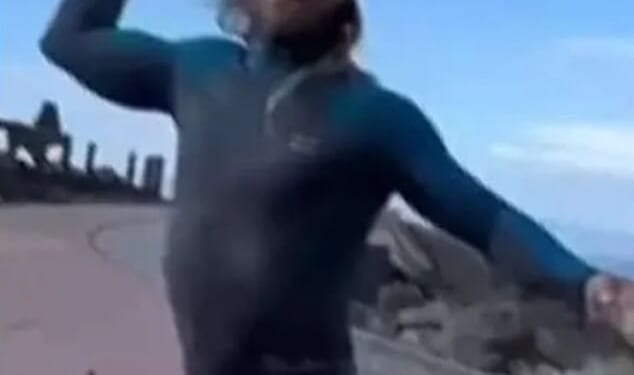 This is the shocking moment an enraged Tenerife surfer hurled rocks at tourists after accusing one of them of stealing his waves while out in the sea