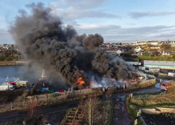 A fire that caused a huge explosion caused plumes of thick black smoke to billow over Methil Harbour in Scotland