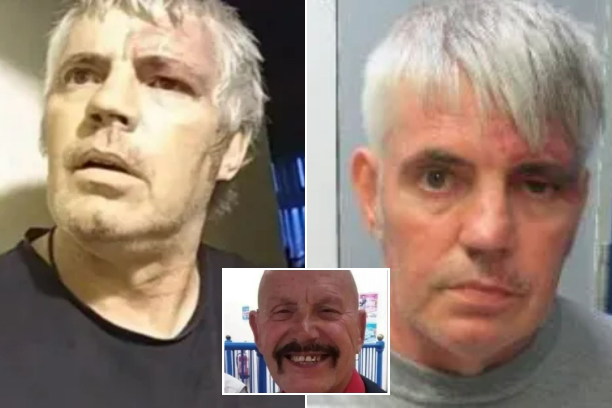 An image collage containing 3 images, Image 1 shows Man with gray hair and a red mark on his forehead, wearing a black shirt, being filmed by police, Image 2 shows Mugshot of a man with a black eye and bruised forehead, Image 3 shows Headshot of David Hill, a bald man with a mustache and goatee, smiling