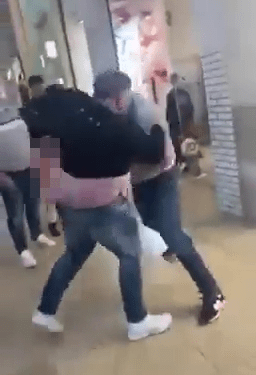 Moment two thugs brawl in busy shopping centre in front of little girl whose family stand and watch