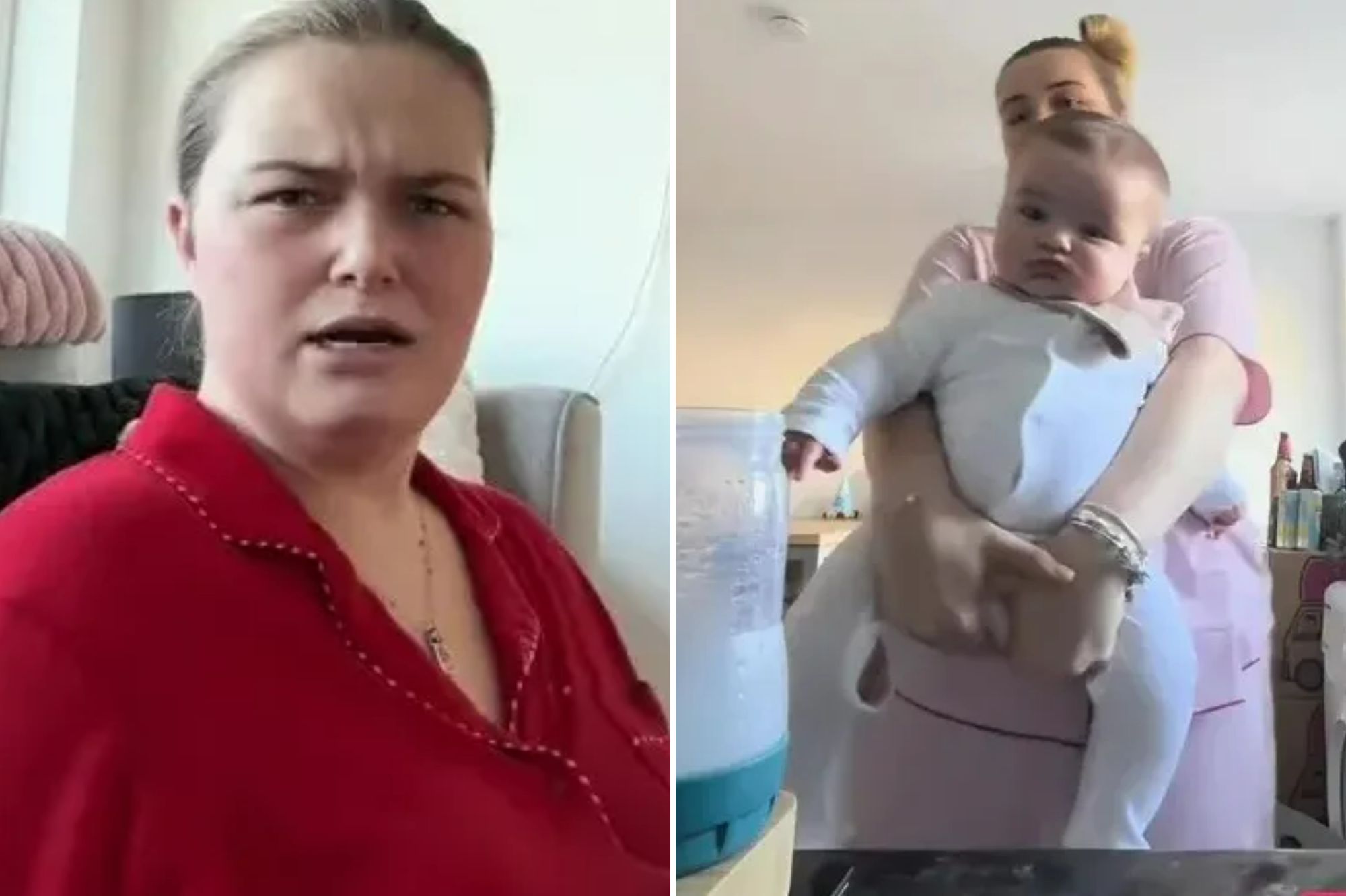 An image collage containing 2 images, Image 1 shows A woman in a red pajama top looks confused as she talks to the camera, with text "BUT WHY DO" on her lap and a TV playing cartoons in the background, Image 2 shows A person in a pink shirt holds a baby in a white sleeper