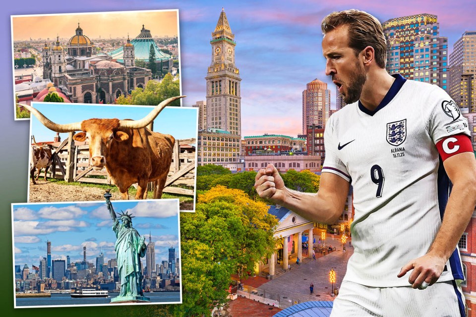 Collage of Harry Kane celebrating in an England kit superimposed on Boston, with inset photos of Our Lady of Guadalupe, a longhorn cow, and the Statue of Liberty.