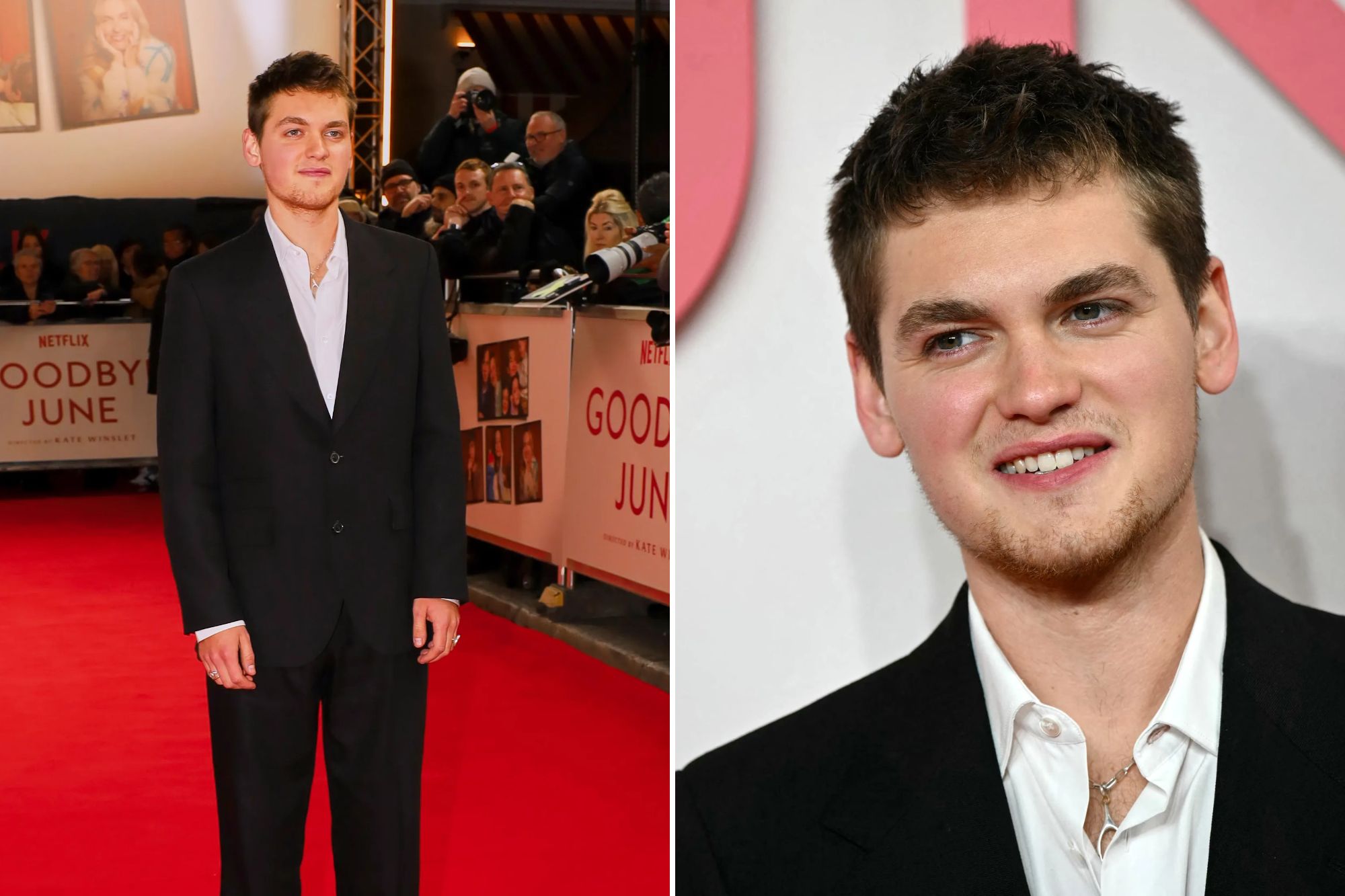 An image collage containing 2 images, Image 1 shows Joe Anders on the red carpet at the "Goodbye June" world premiere, Image 2 shows Actor and writer Joe Anders posing on the red carpet at a film premiere