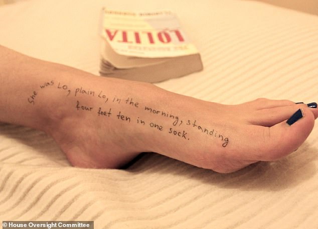 A woman's foot is seen with a quote from Vladimir Nabokov's Lolita - with the novel pictured in the background