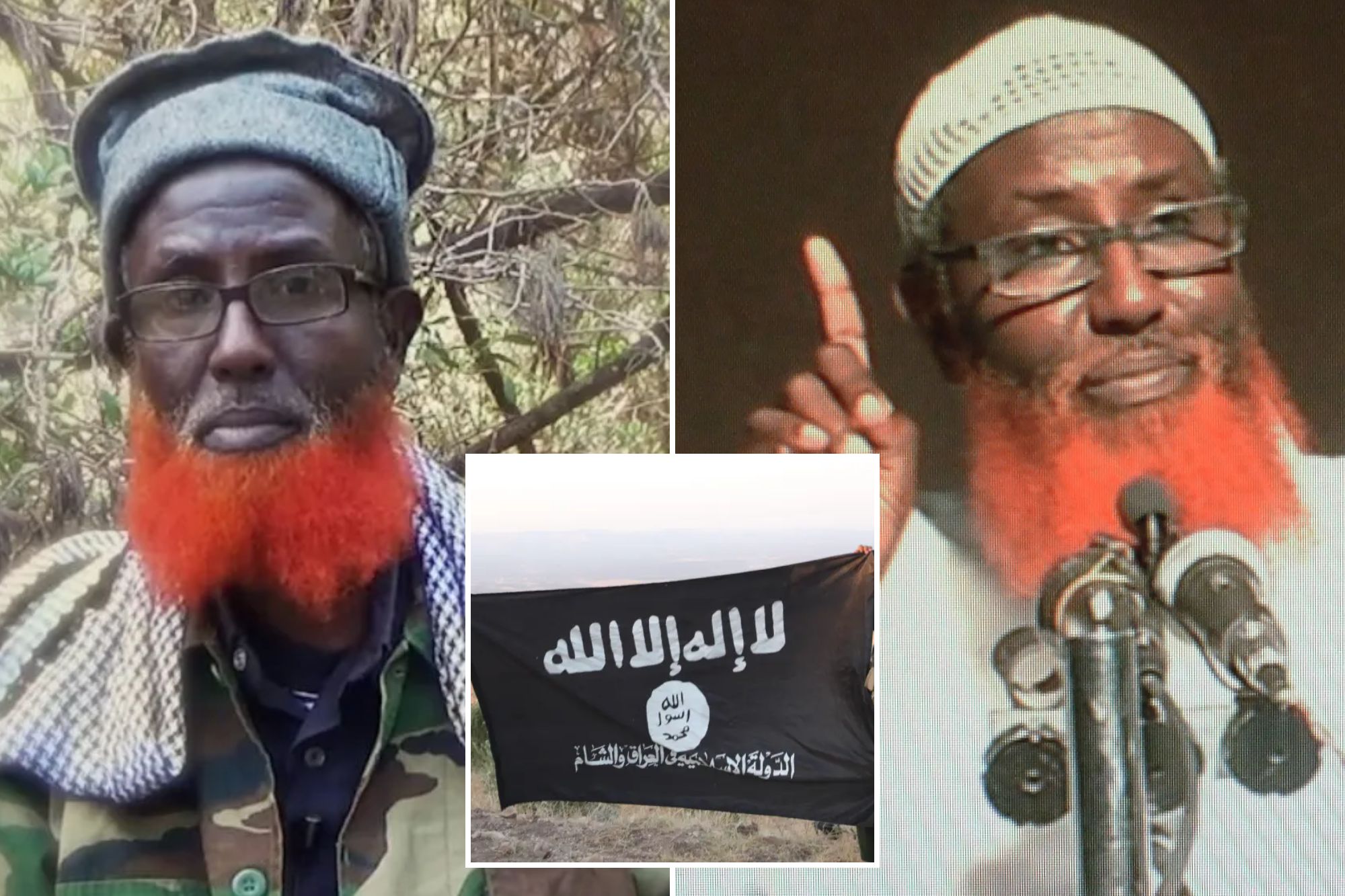 An image collage containing 3 images, Image 1 shows Abdul Qadir Mumin, an Islamist militant leader, in a camouflage jacket with a red beard, Image 2 shows Portrait of Somali-born cleric Abdulqadir Mumin, accused of heading the Islamic State group in East Africa, Image 3 shows Two militants in military gear hold up a black flag with white Arabic script