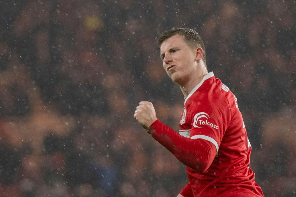 Matt Targett of Middlesbrough heads the ball and scores and celebrates during the Sky Bet Championship match between Middlesbrough and Derby County at the Riverside Stadium, Middlesbrough on Saturday 29th November 2025. (Photo: Trevor Wilkinson | MI