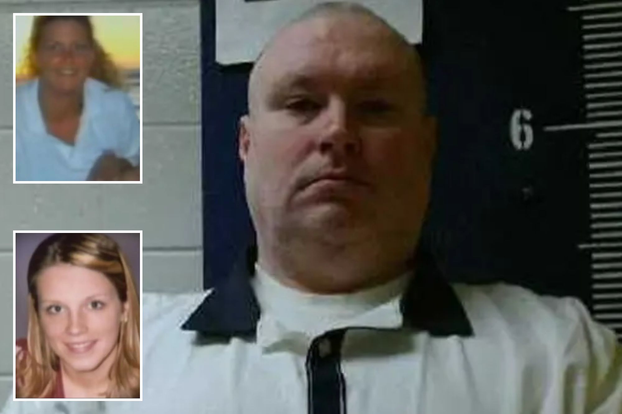 An image collage containing 3 images, Image 1 shows Mugshot of a bald man in a white and dark collared shirt, Image 2 shows Headshot of Cynthia, Image 3 shows Image of Lori, an obese death row killer