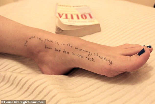 In one photograph, the words: 'She was Lo, plain Lo, in the morning, standing four feet ten in one sock' is scribbled on a mysterious person's foot