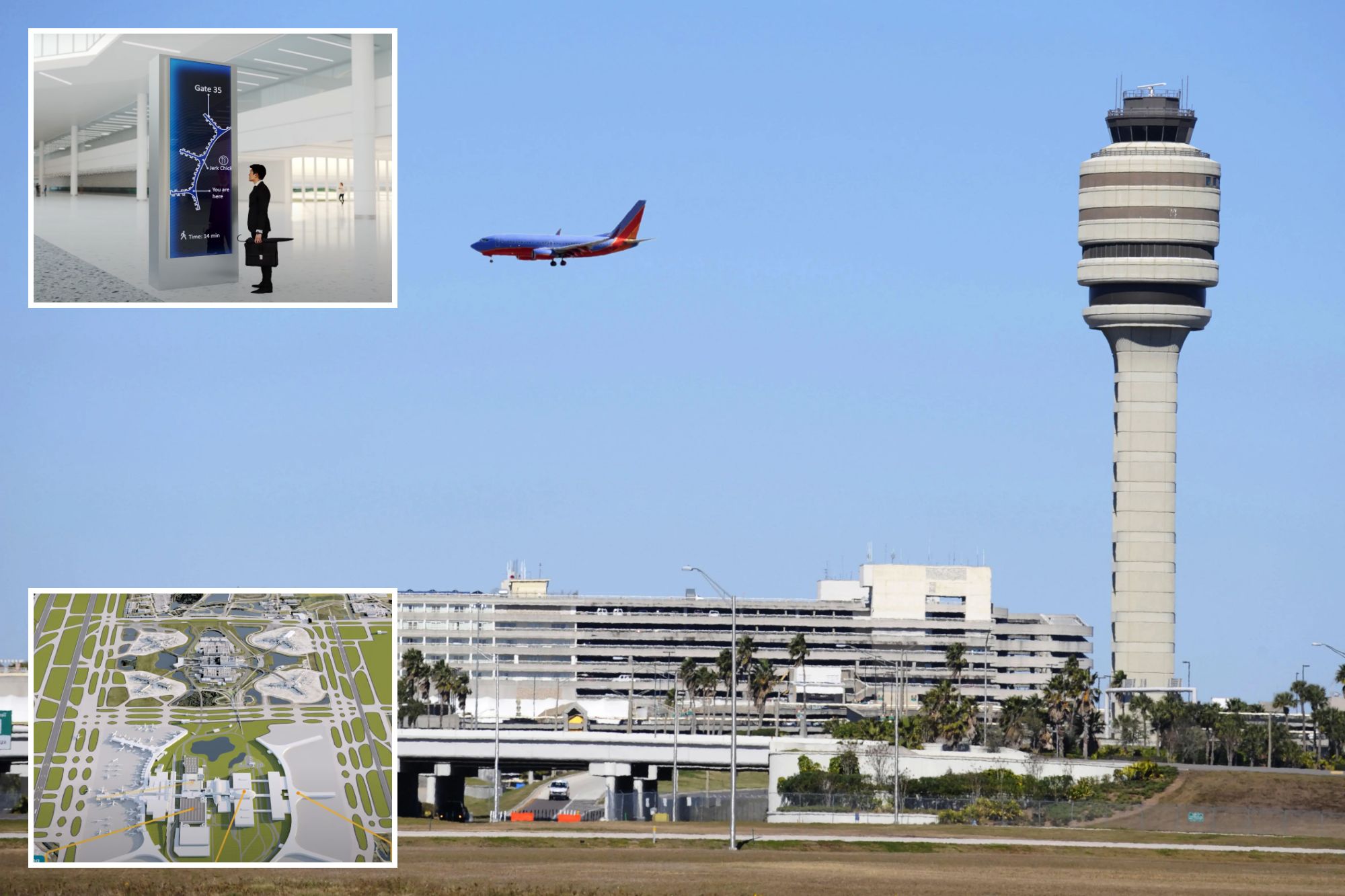 An image collage containing 3 images, Image 1 shows Airplane Jet prepares to land Control Tower at Orlando International Airport Florida, Image 2 shows Illustration of the Orlando International Airport layout with proposed expansions: New Parking Garage D, Future Hotel, Future Terminal Expansion, and Airport Improvements, Image 3 shows Illustration of a man looking at a digital airport map displaying directions to Gate 35, showing a 14-minute walk, and nearby "Jerk Chick" restaurant